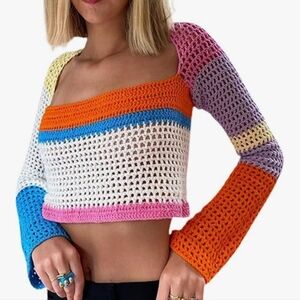 Knitted Knitted Sweater Colorblock Boho Summer Cropped Bell Sleeve
